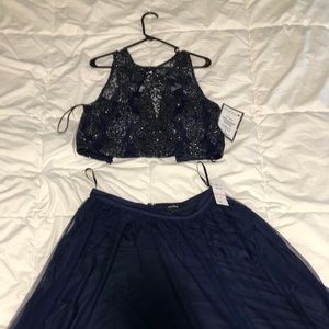navy blue two piece prom dress